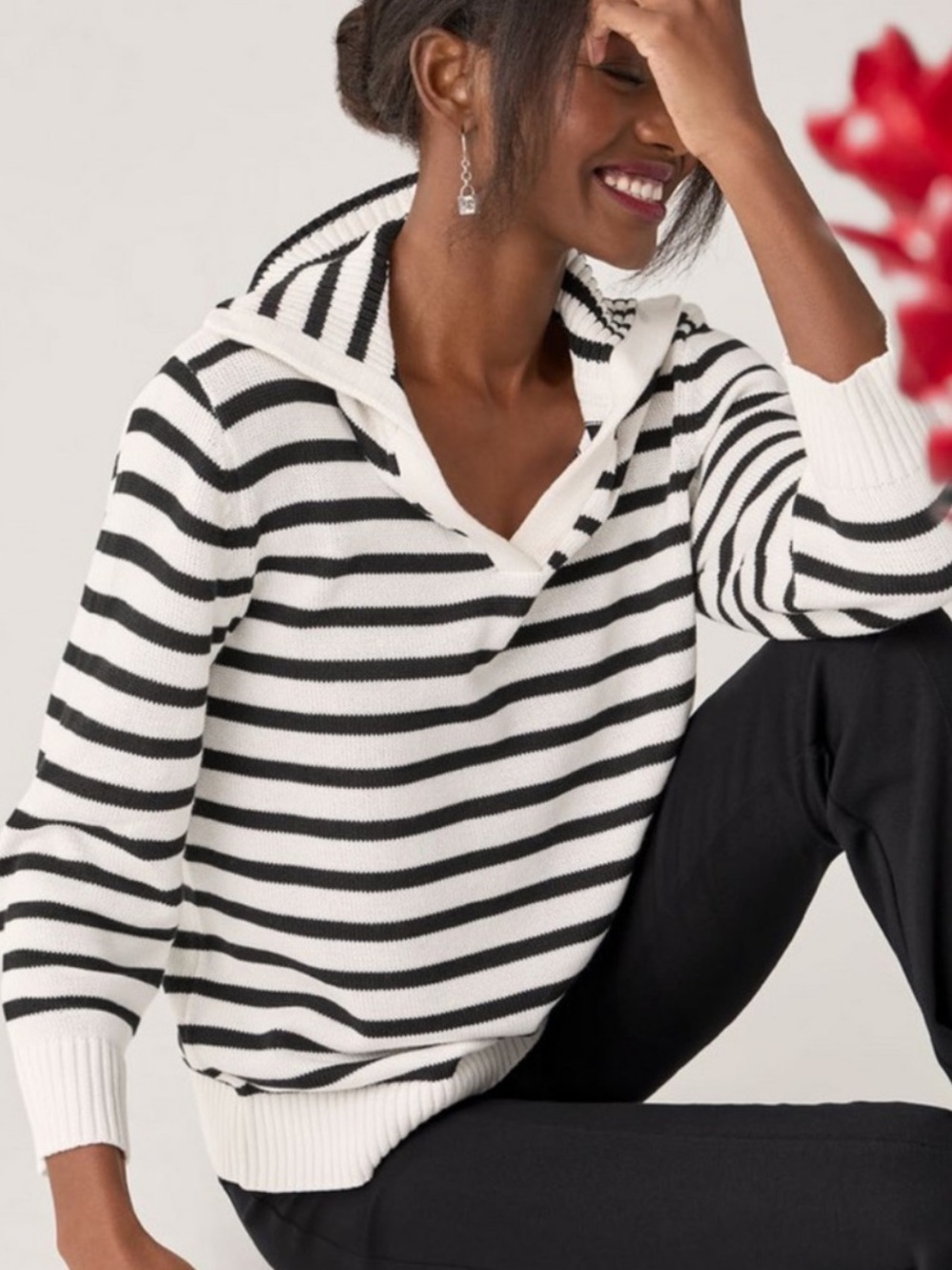 Cabi Deckhand Black and White Striped Collared Knit Pullover Sweater 6388 Large